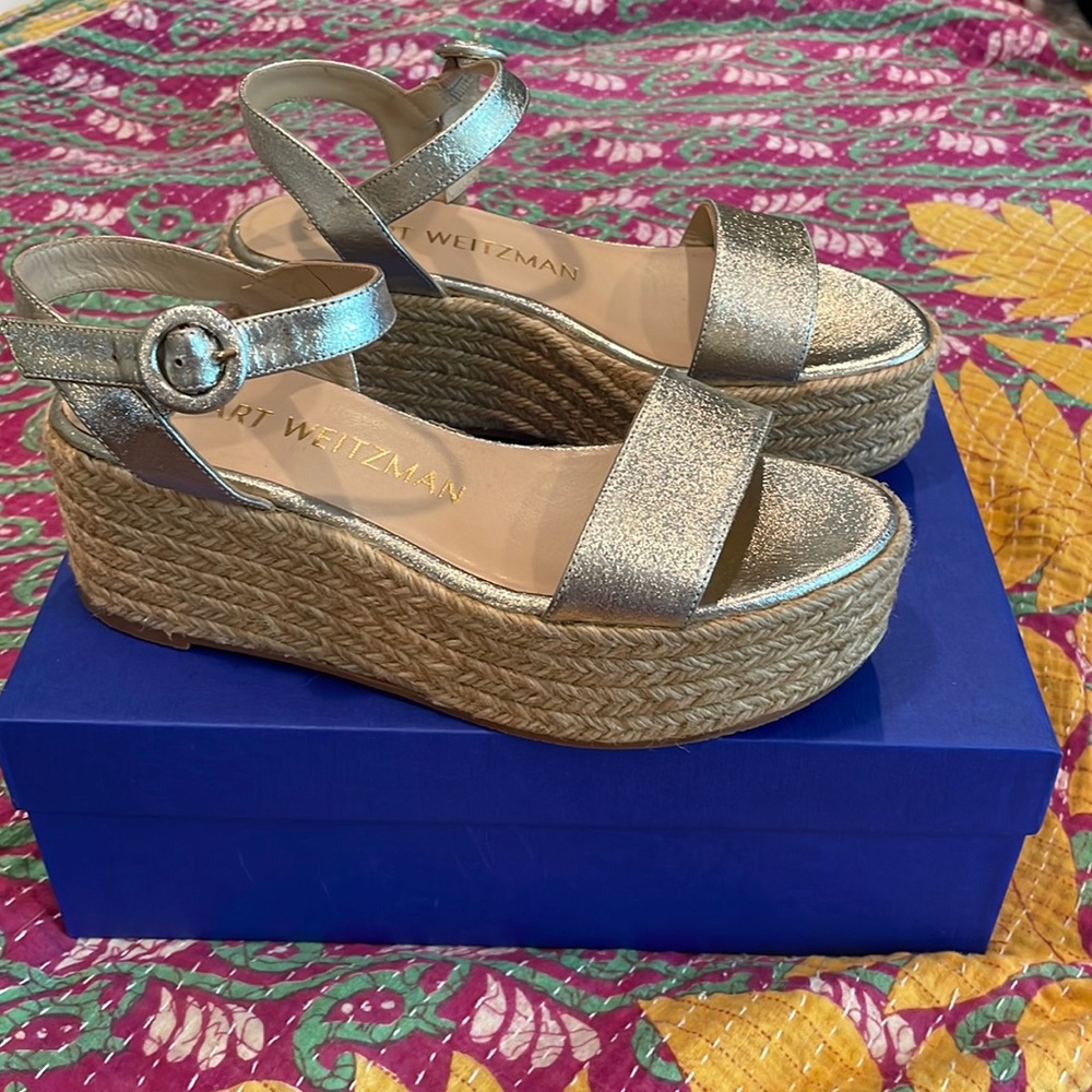 Stuart Weitzman Leather Platform Espadrille Wedge Sandals Gold Size 6